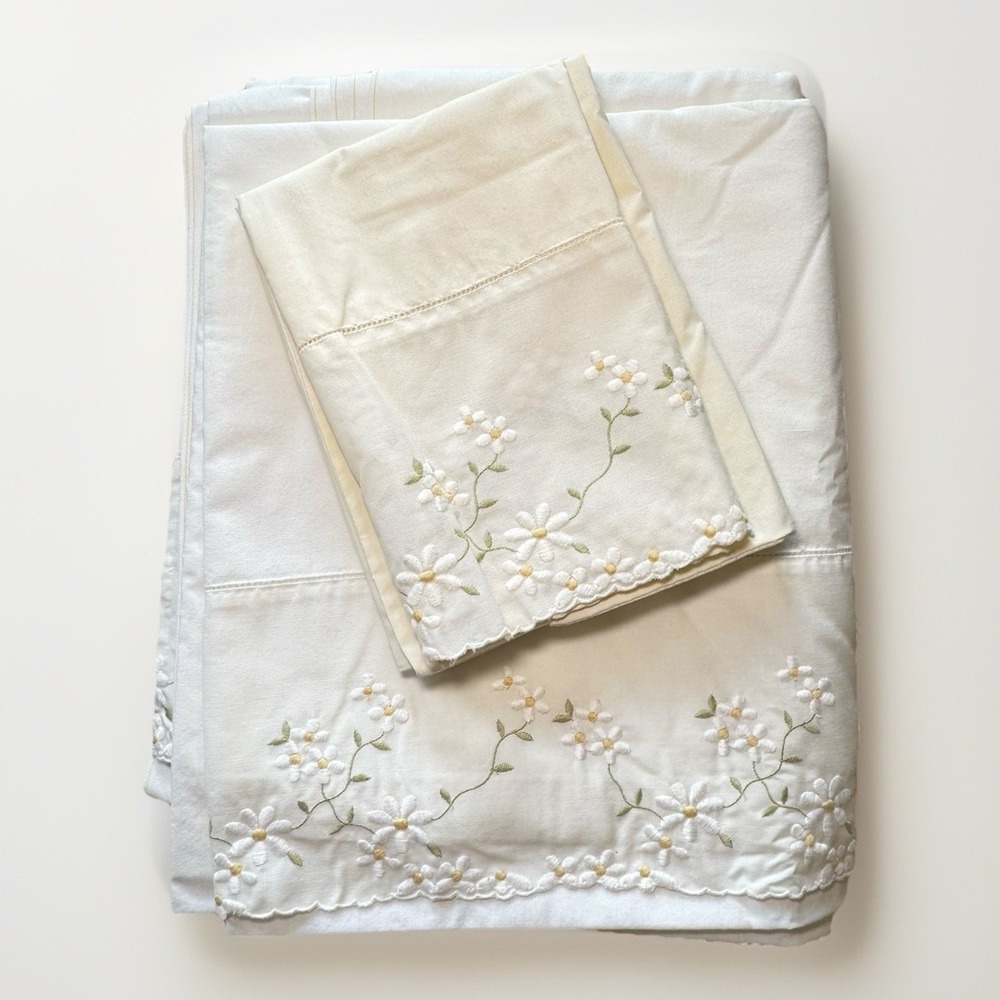 VTG Wamsutta Supercale Plus Ivory Full Flat Sheet & Pillowcase‎ Daisy Embroidery